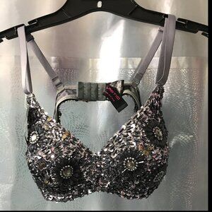 Bejeweled & Sequined Bra For Sari / Belly Dancing / Rave in Silver - LG - NWT